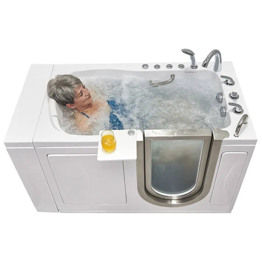 Walk-in tub with hydrotherapy jets in use (Hydrotherapy research: what warm baths and jets have really been shown to do)